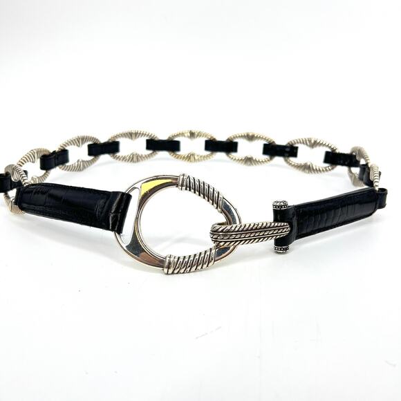 Brighton Black Reptile Embossed Leather and Silver Concho and Clasp Belt Size 36 - Picture 1 of 6